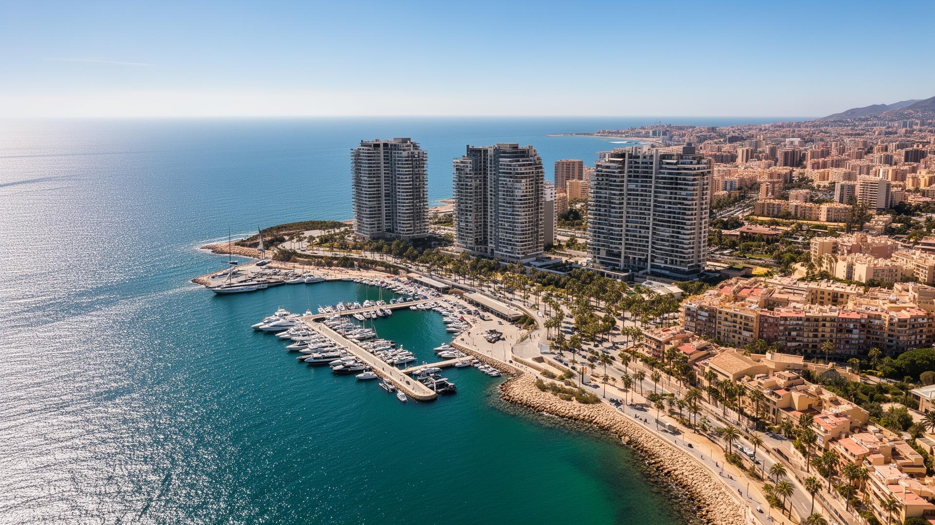 Luchtfoto van Málaga met haven, moderne torens en Middellandse Zee